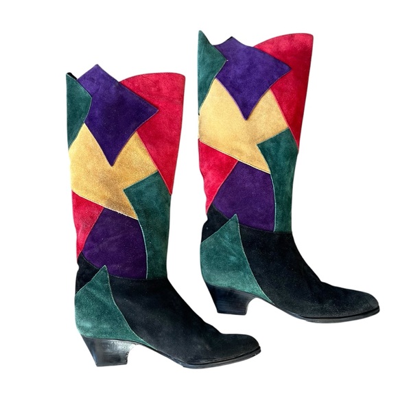 VINTAGE VERA CUOIO Colorblock Patchwork Suede Leather Boots Size 8 - Picture 3 of 15
